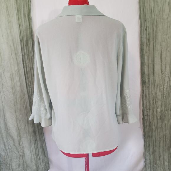 Drapers & Damon's Green Sheer Long Button Up Embroidery Ruffle Blouse Size 16 - Picture 5 of 7